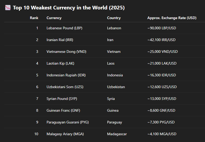 Top 10 Weakest Currency In The World